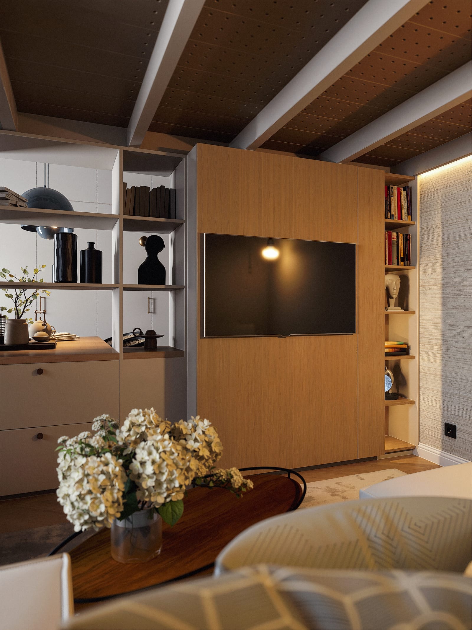Večerní atmosféra obývacího koutu s TV stěnou, Wrocław