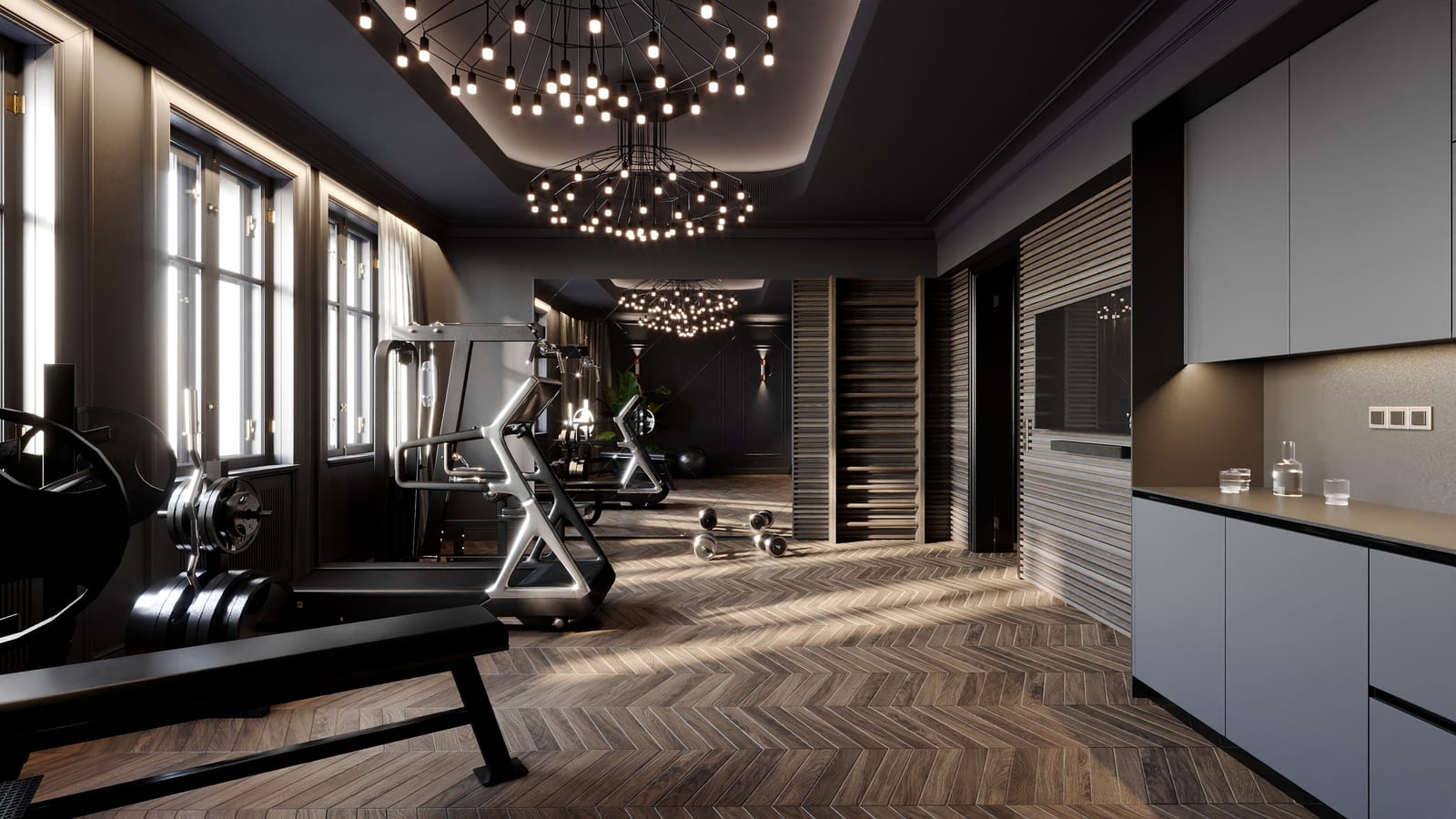 Domácí posilovna s designovým lustrem a podlahou do stromečku, privátní fitness