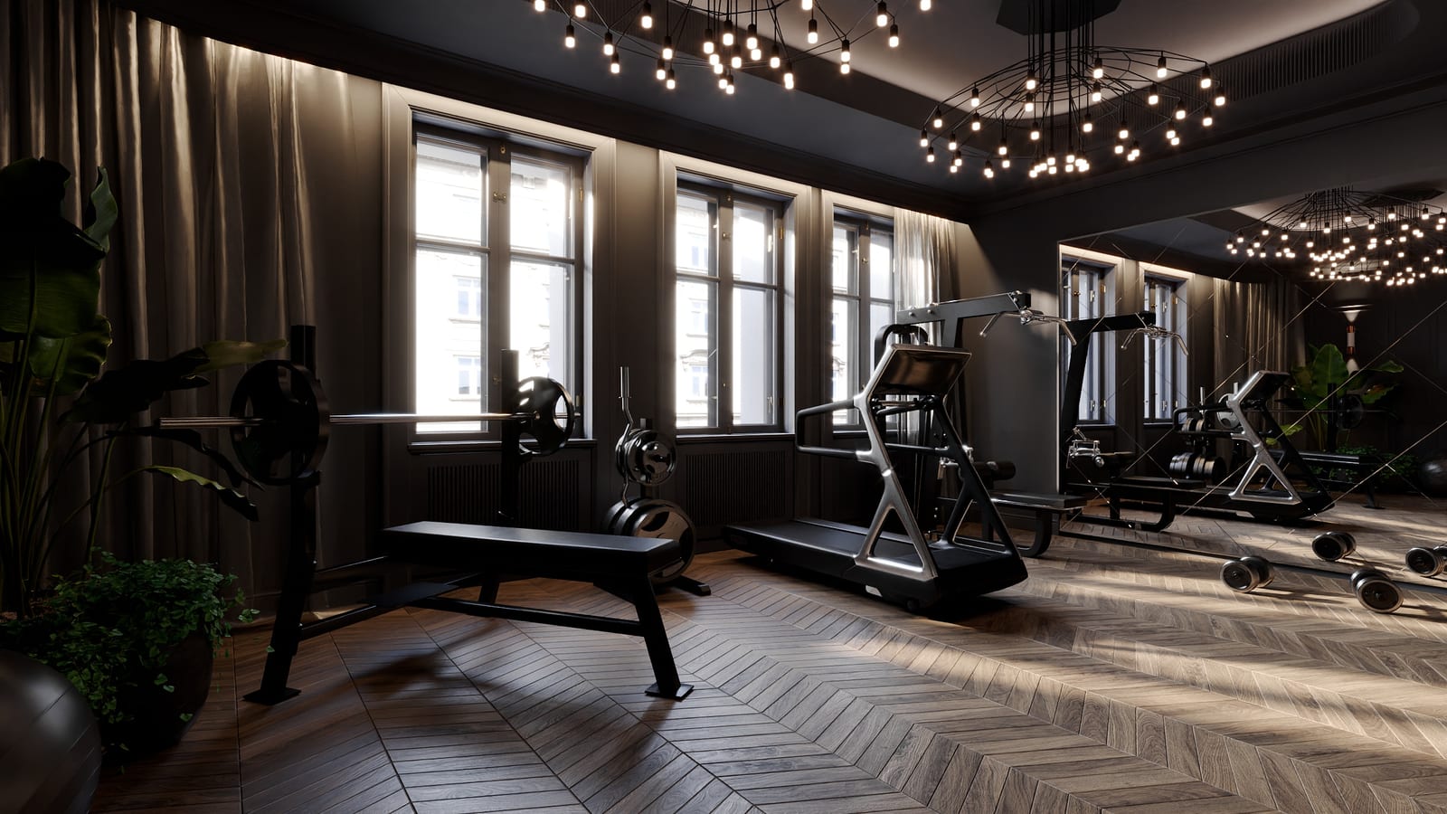 Činková lavice a běžecký pás u oken, privátní fitness