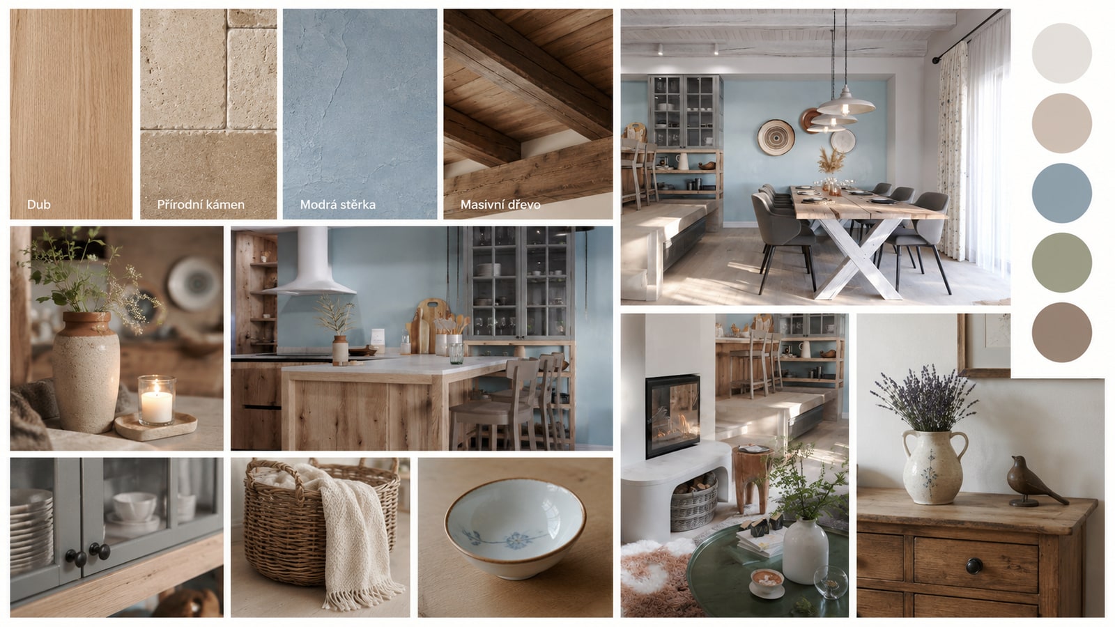 Moodboard materiálů: dub, přírodní kámen, modrá stěrka a masivní dřevo, RD Jihlava