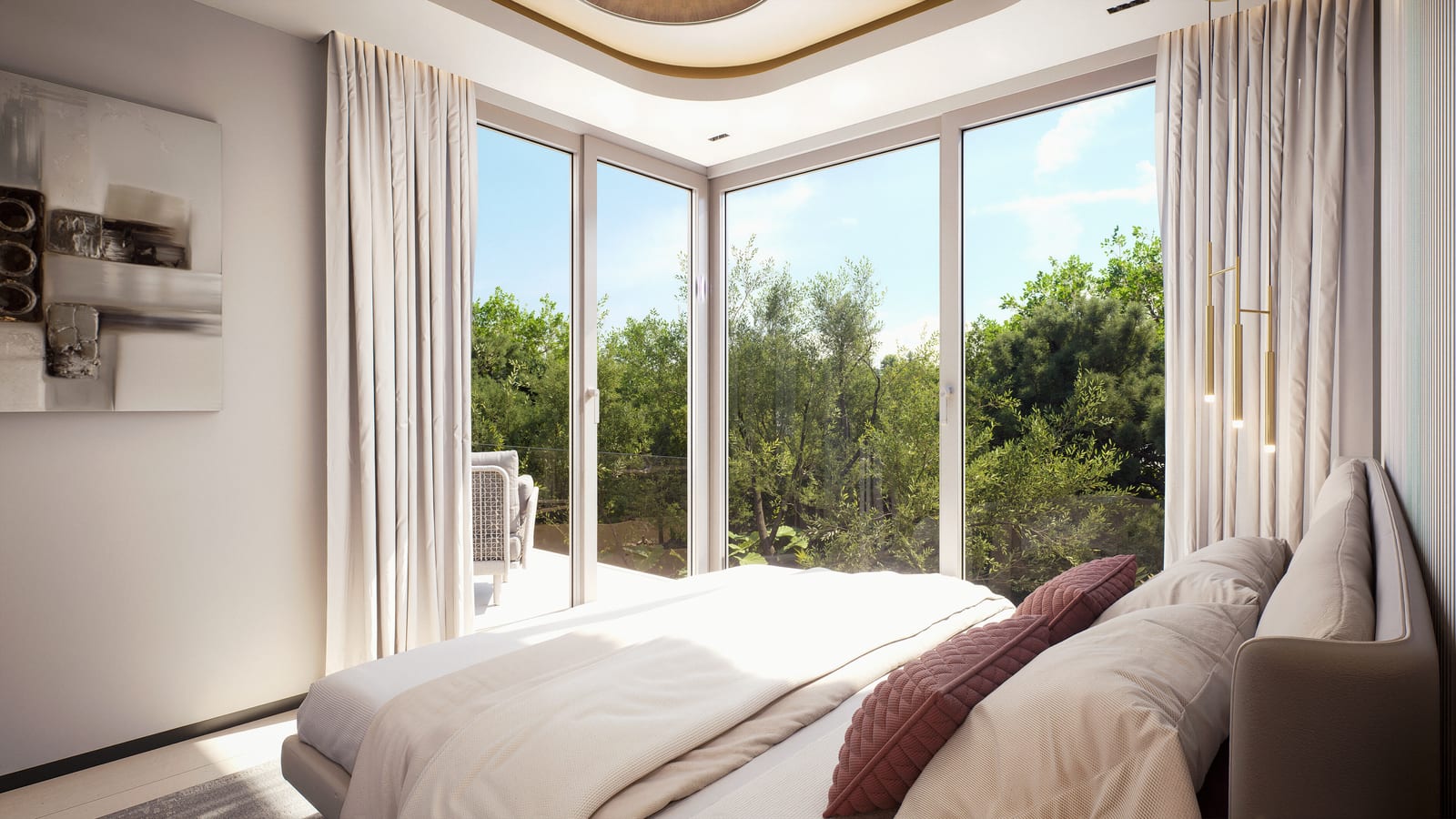 Postel s rohovým oknem a výhledem do zahrady, ložnice vila Marbella