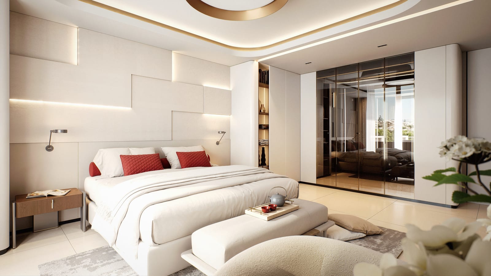 Detail čalouněného čela postele a zrcadlové skříně, master ložnice vila Marbella