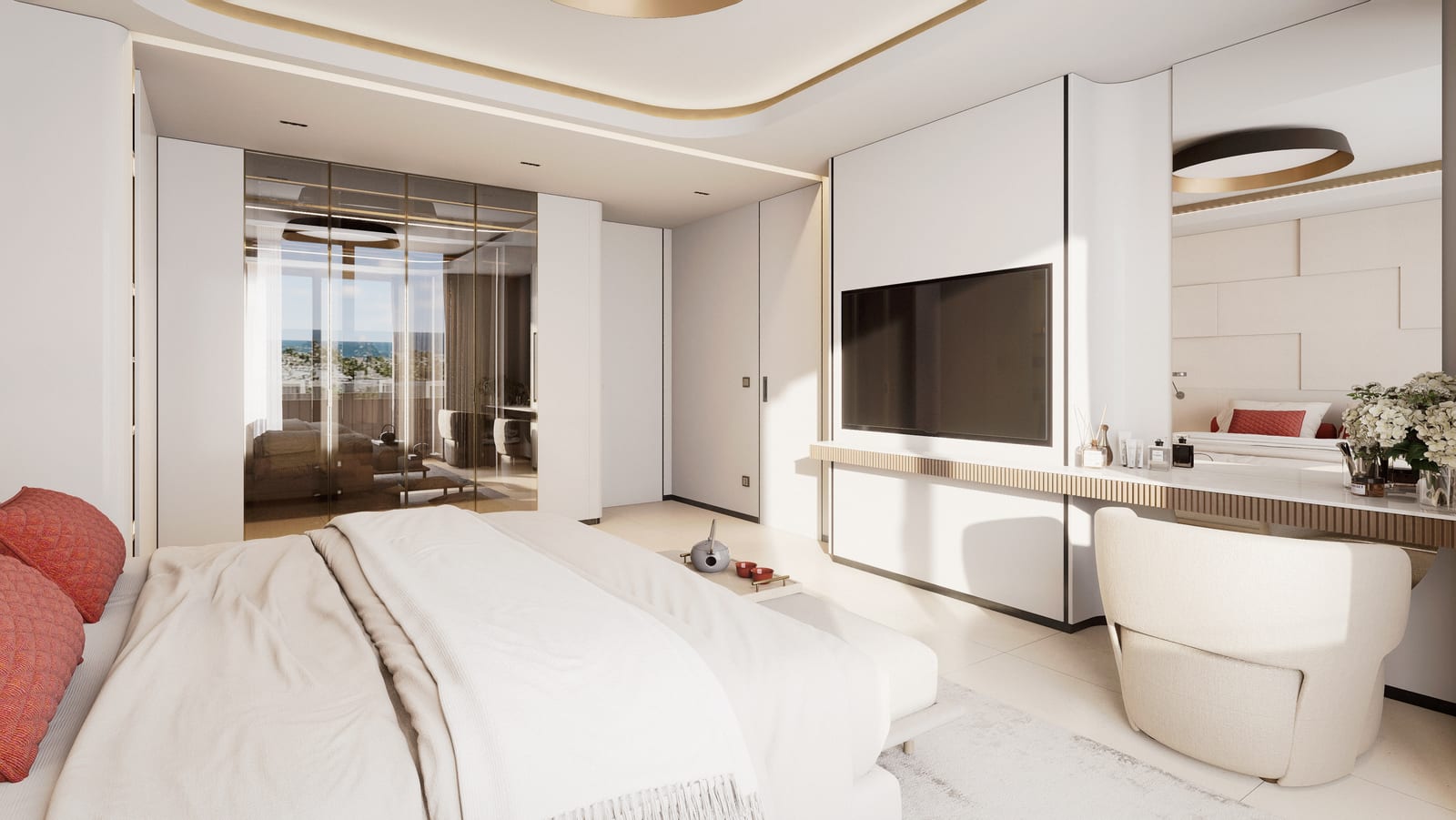 Zrcadlová šatní skříň a toaletní stolek, master ložnice vila Marbella
