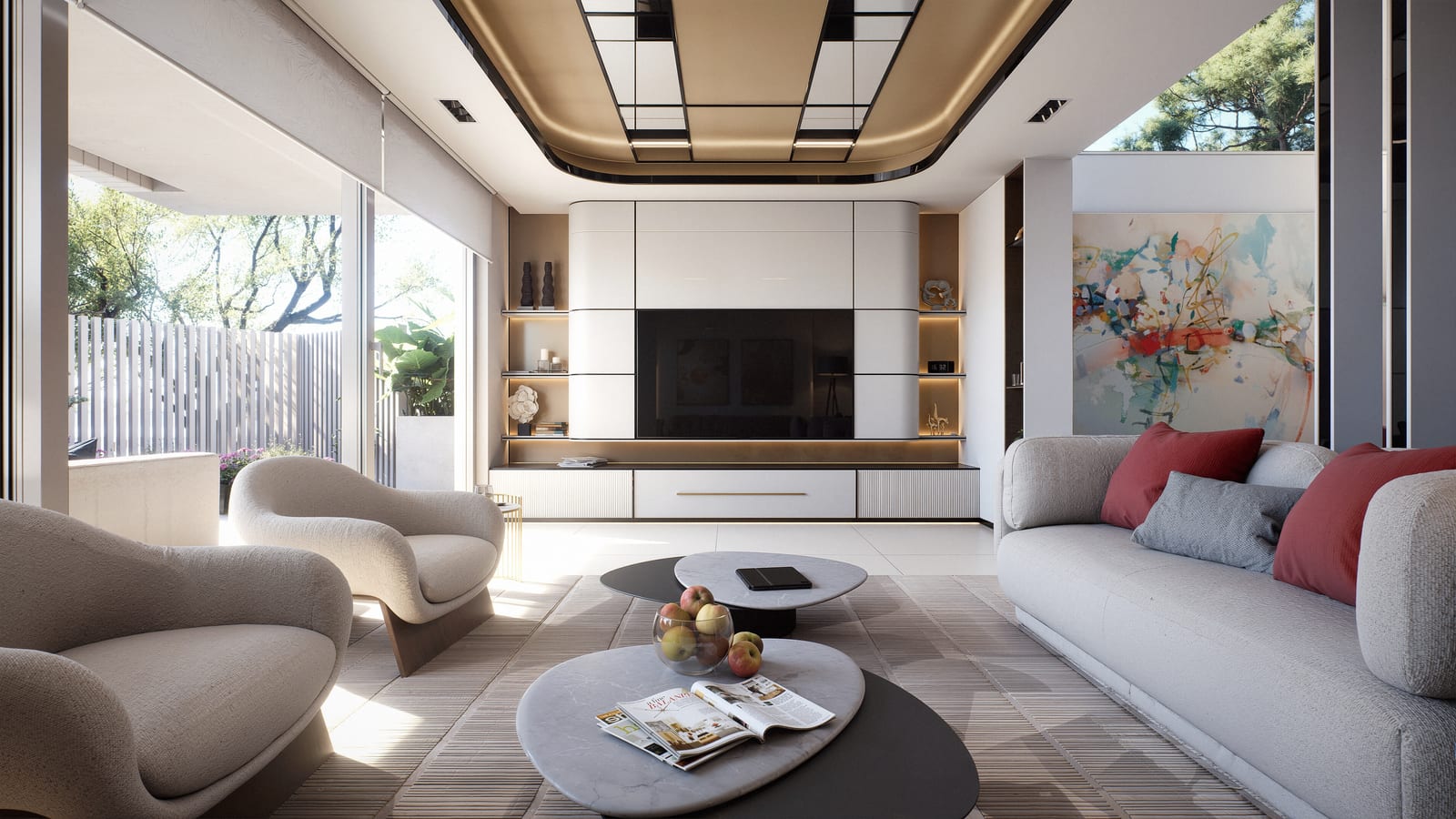 Křesla a televizní stěna s výhledem na terasu, obývací pokoj vila Marbella