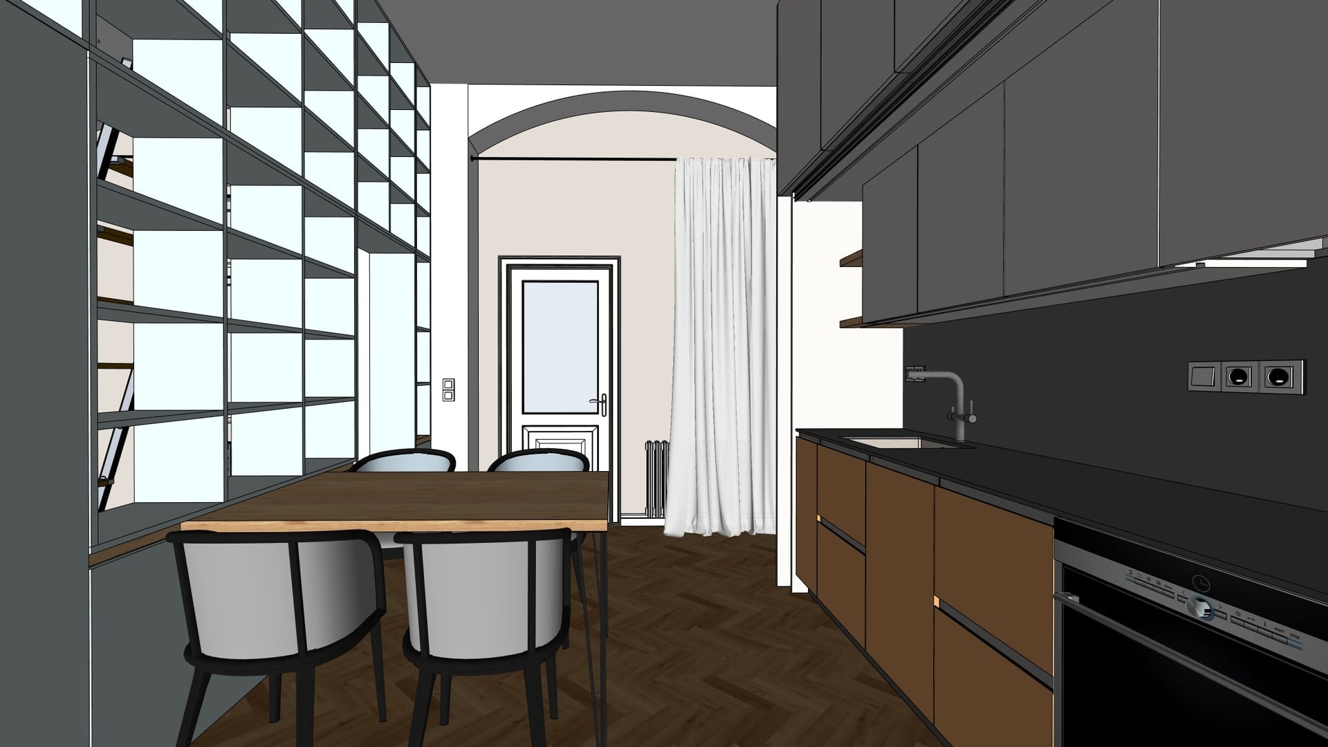 Pracovní 3D model návrhu kuchyně s jídelnou a knihovnou